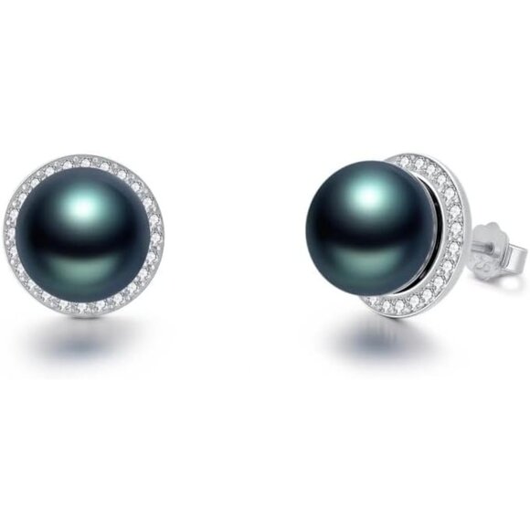 EKJQB Black Pearl Stud Earrings For Women - Picture 4 of 8
